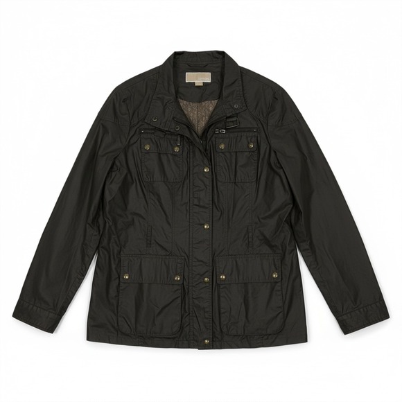 Michael Kors Olive Green Waxed Utility Jacket Women XL Pockets Zip Snap Military - Picture 3 of 9